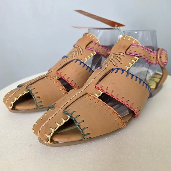 NWT Farm Rio Caramel Tan Whipstitch Fisherman Sandals Palm Tree Adjustable Strap - Picture 9 of 17